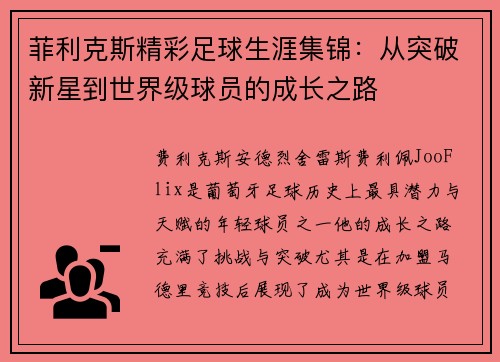 菲利克斯精彩足球生涯集锦：从突破新星到世界级球员的成长之路